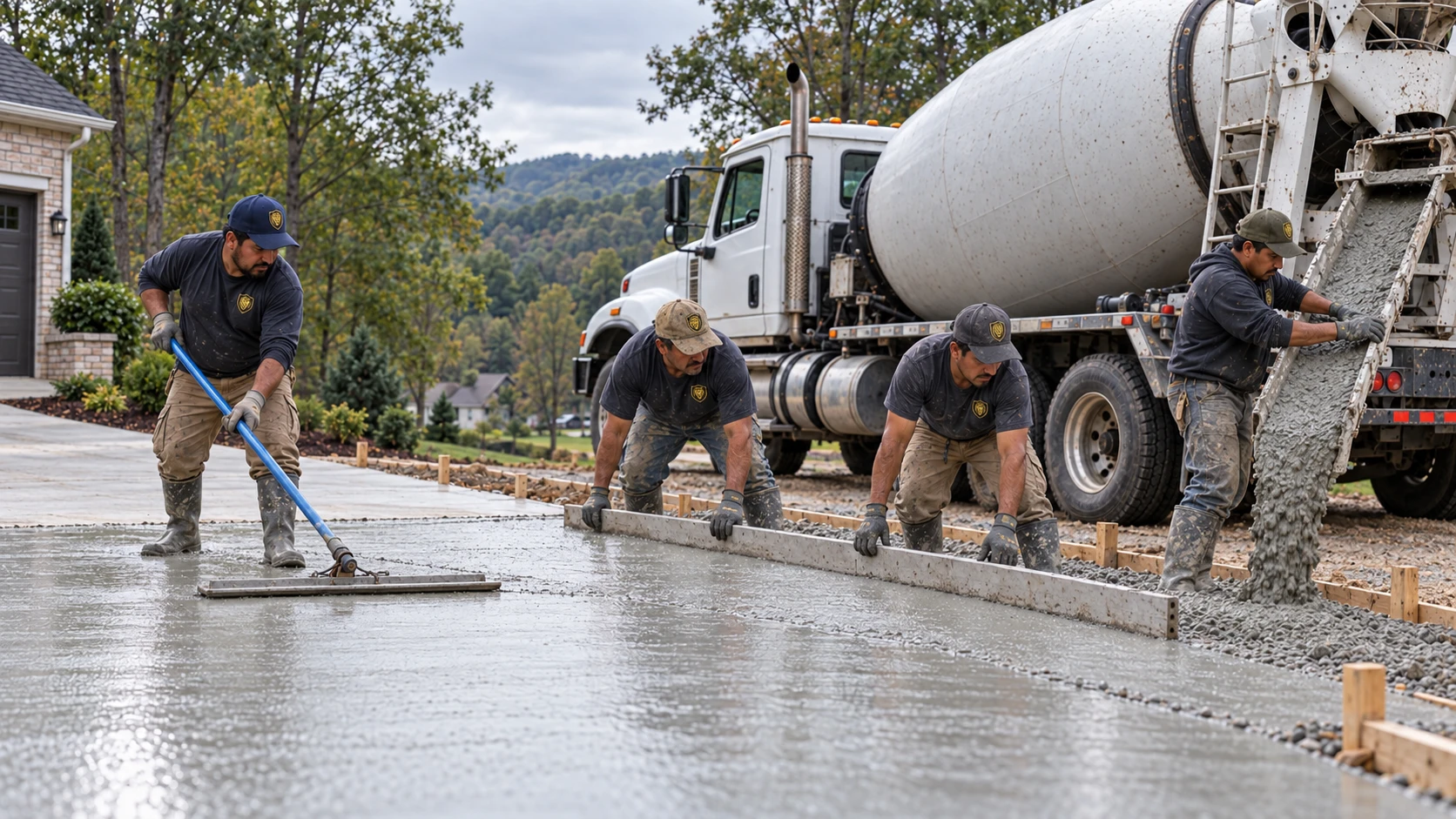 Crew pouring and finishing concrete beside a mixer truck